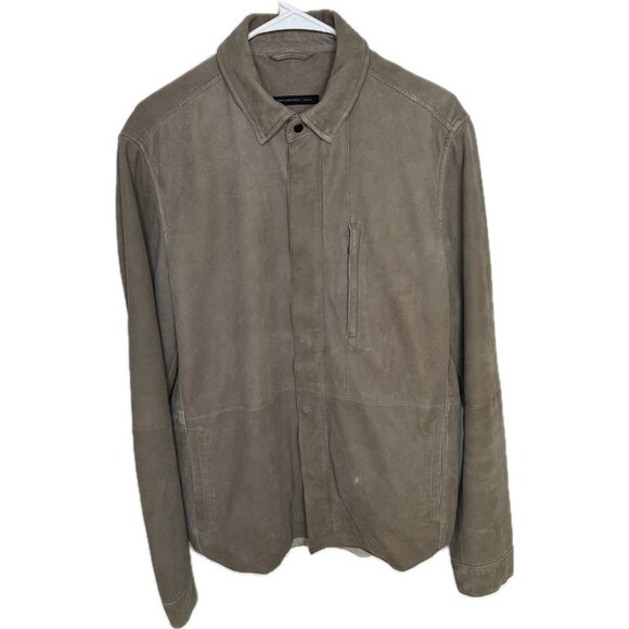 John Varvatos Men’s suede Leather trucker shirt jacket Tan Gray M Rare - Picture 2 of 13